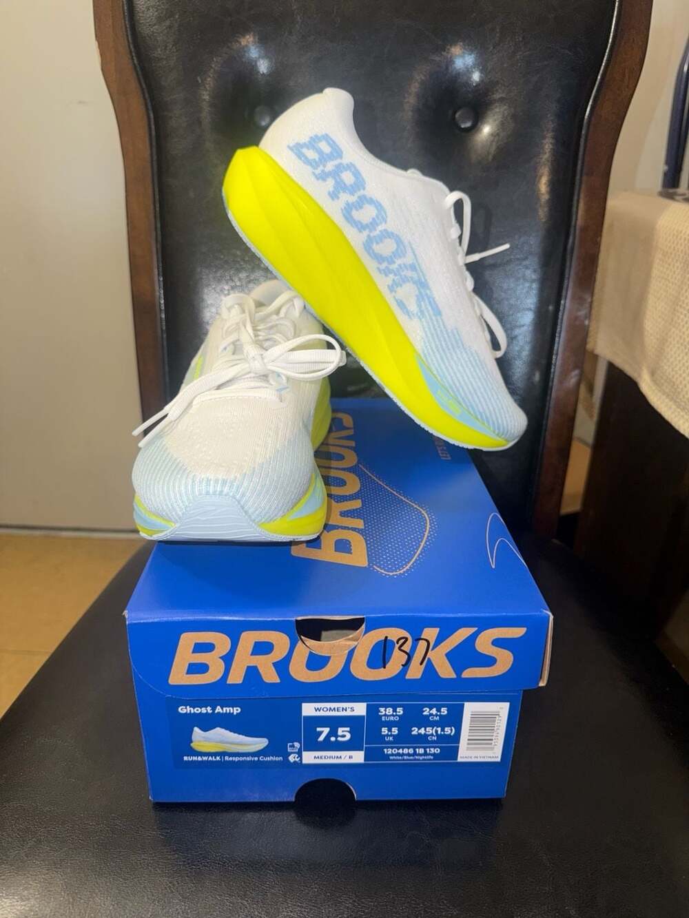 Brooks Ghost Amp Women's Running Shoes White/Blue/Nightlife Size 7.5